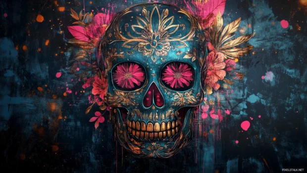 Watercolor sugar skull, abstract design, blue, pink, gold splashes, floral accents.