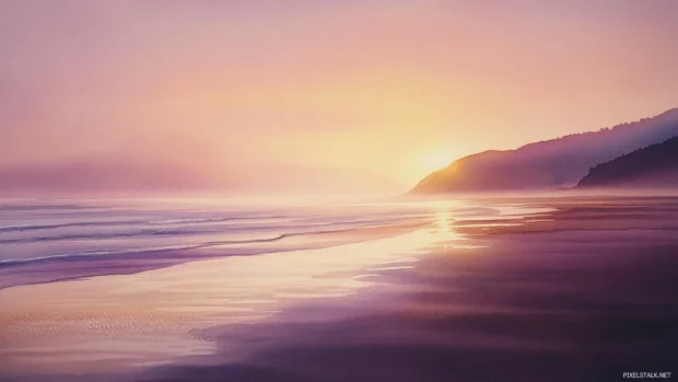 Watercolor sunrise stretching across an empty beach, Clean and Elegant style.