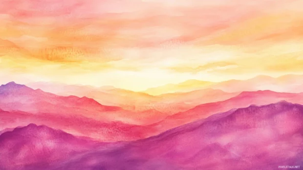 Watercolor sunset landscape wallpaper showcasing vibrant pink and orange skies.