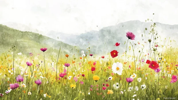 Watercolor wildflower meadow with low saturation background.
