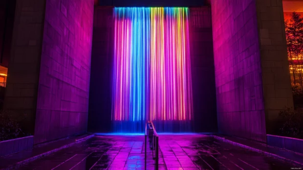 Waterfall made of cascading neon lights.