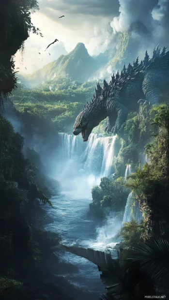 Waterfalls split as Godzilla climbs from a tropical gorge.