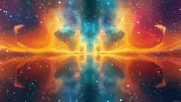 Waveforms of color and mirror particles floating across the scene in a continuous trippy motion.