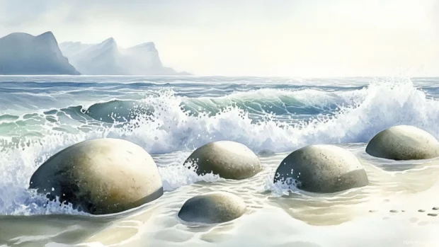 Waves breaking over smooth stones in a watercolor seascape.