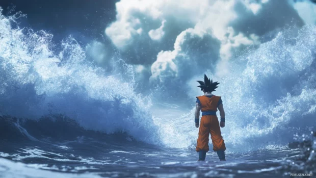 Waves crash behind Goku as he looks forward with calm readiness.