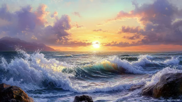 Waves crashing against rocks as a pretty sunset lights the ocean.