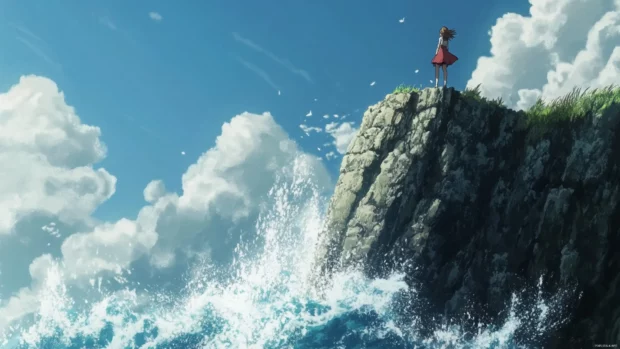 Waves crashing below as anime girl stands on a high seaside cliff.