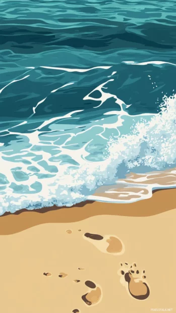 Waves crashing gently on a Summer shore, footprints in the sand.