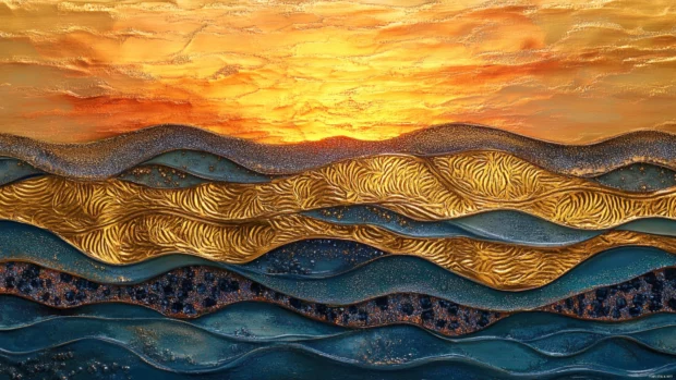 Waves gently rolling under a glowing sunset, painting the summer horizon in gold and orange.