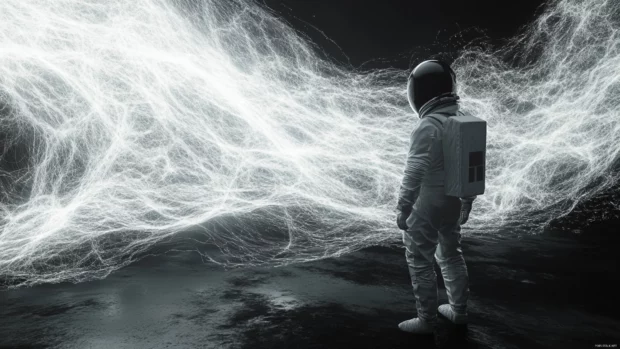 Waves of dark energy ripple past as the astronaut watches in silence.