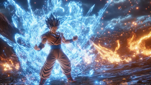 Waves of energy ripple outward as Goku activates ultra instinct with perfect control.