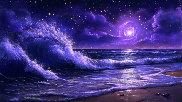 Waves of muted violet stars crashing into night shores, framing the elegance of soft violet galaxy stars illustration.