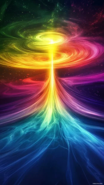 Waves of rainbow energy rippling across a dark void.