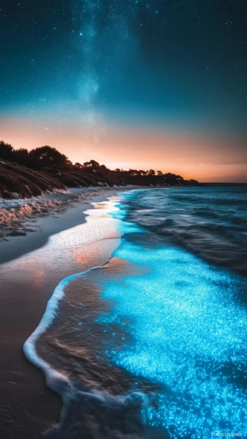 Waves sparkling electric blue on a glowing bioluminescent beach under a starlit sky.