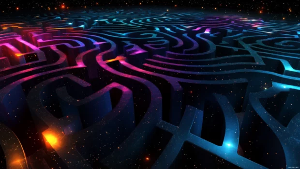 Wavy black maze under starlit glow with sharp color pulses in a surreal trippy mood.