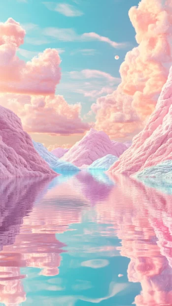 Wavy surreal landscape with candy colored skies and mirrored terrain in trippy aesthetic style.