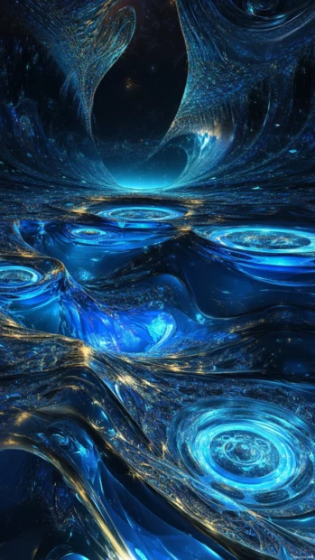 Wavy terrain of glass dunes and blue energy rings in a silent trippy world.