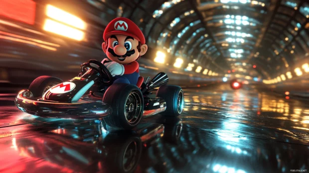 Wearing a black racing suit, Mario revs up his kart in a chrome tunnel with reflections.
