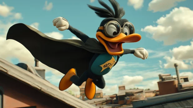 Wearing a cape and goggles, Daffy Duck leaps from a rooftop pretending to fly.
