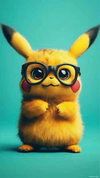 Wearing a funny fake nose and glasses, Pikachu makes a silly pose on a flat teal background.