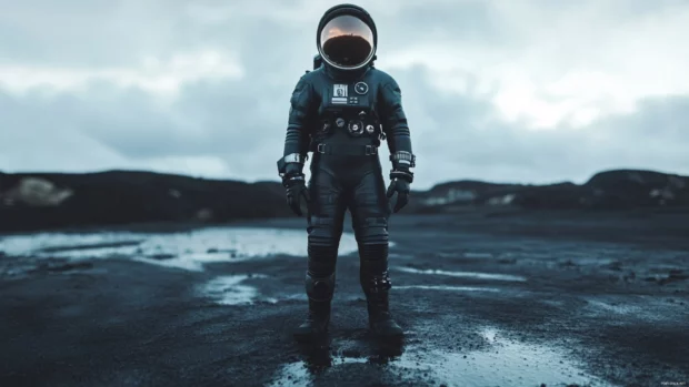 Wearing a sleek futuristic suit, an astronaut stands on an alien terrain, high resolution desktop wallpaper.