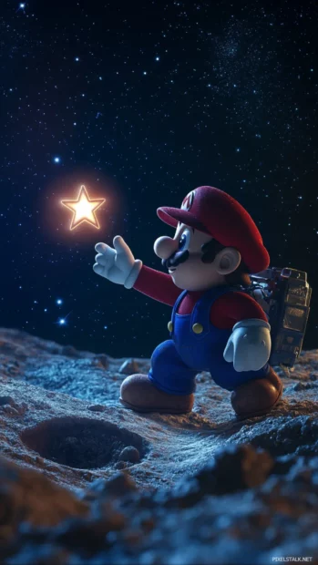 Wearing a space suit, Mario reaches toward a blinking star on the edge of a lunar crater.
