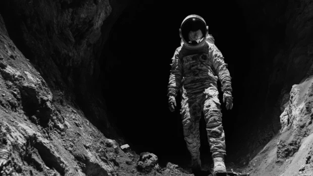 Wearing a tattered suit, the lone astronaut explores the edge of a black hole.