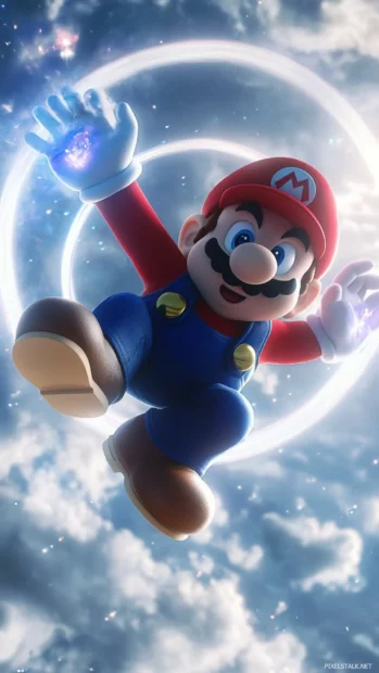 Wearing electric sneakers, Mario flips backward through holographic rings in the sky.
