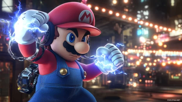 Wearing fingerless gloves and headphones, Mario trains in a digital dojo with flashing lights.