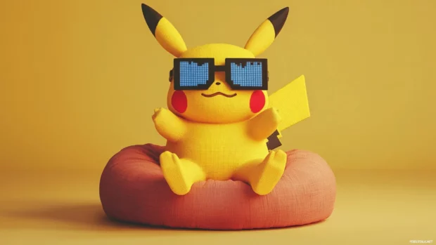 Wearing pixel glasses, Pikachu strikes a gaming pose while sitting on a beanbag in a plain studio.