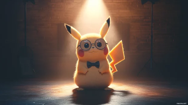 Wearing round glasses and a bowtie, Pikachu sits on a minimalist stage with a spotlight.