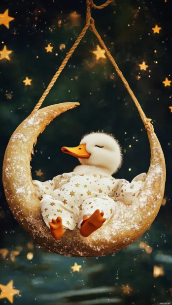 Wearing star pajamas, the duck dreams on a crescent moon hammock.