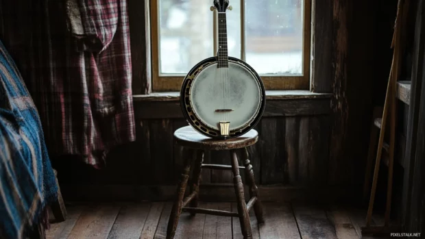 Weathered banjo resting on a wooden stool captured in Acoustic guitar country style wallpaper.