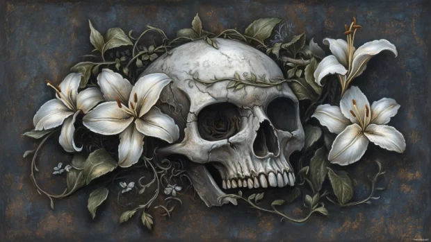 Weathered skull entwined with delicate lilies and ivy vines, set against a moody, watercolor inspired backdrop.