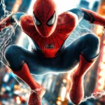 Web covered city street as Spider Man lands with impact.