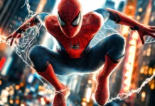 Web covered city street as Spider Man lands with impact.