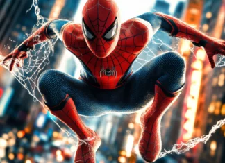 Web covered city street as Spider Man lands with impact.