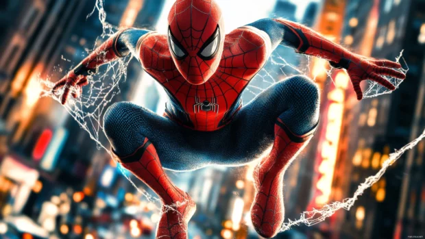 Web covered city street as Spider Man lands with impact.