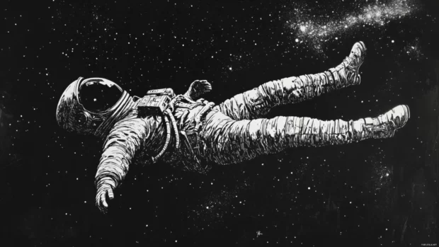 Weightless and serene, the astronaut spins slowly beneath the stars.