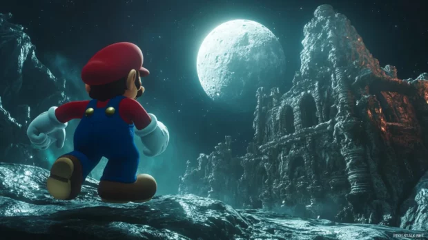 Weightless in orbit, Mario floats past ancient alien ruins etched into moonstone.