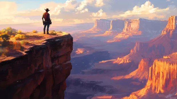 Western canyon scene with cowboy on cliff edge in 4K desktop wallpaper.