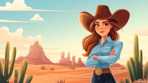 Western cowgirl wallpaper cartoon style with vibrant desert colors.
