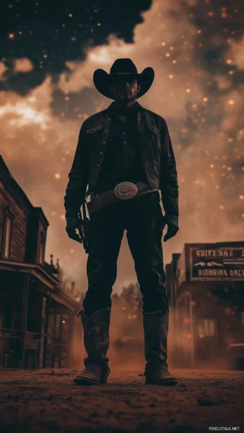 Western saloon backdrop, cowboy with firm stance, belt grip, dust swirling in.