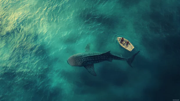 Whale shark diving deeper into tranquil blue sea.