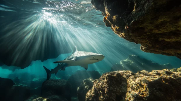 Whale shark framed between rocks with sun rays filtering through.