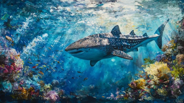 Whale shark gently cruising over diver in shallow reef.