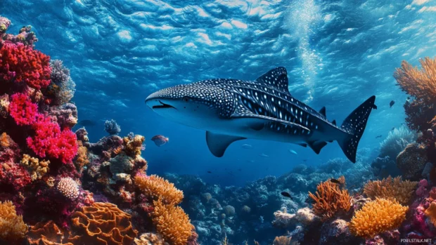 Whale shark gently floating above coral formations.