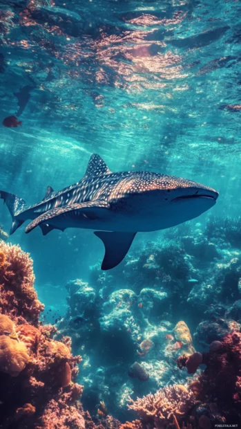Whale shark gliding past reef cliffs in turquoise ocean.