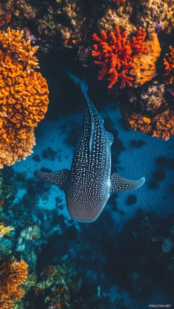 Whale shark iPhone wallpaper showing top down view near coral reef.