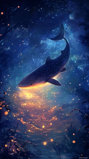 Whale shark illuminated by glowing surface light above.